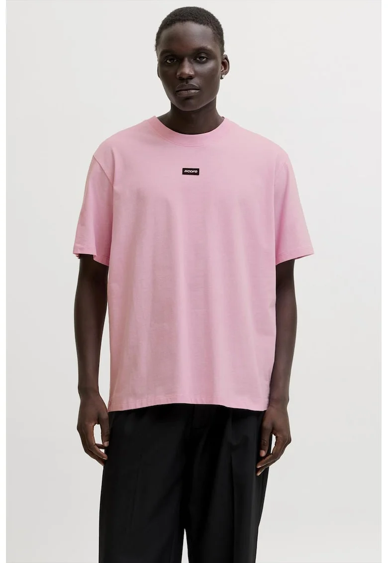 Tricou din bumbac cu decolteu la baza gatului si imprimeu logo discret, Roz pastel