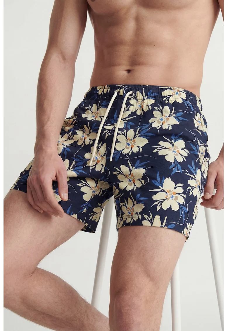 Pantaloni scurti de baie cu imprimeu floral, Crem/Bleumarin