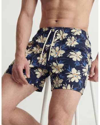 Pantaloni scurti de baie cu imprimeu floral, Crem/Bleumarin