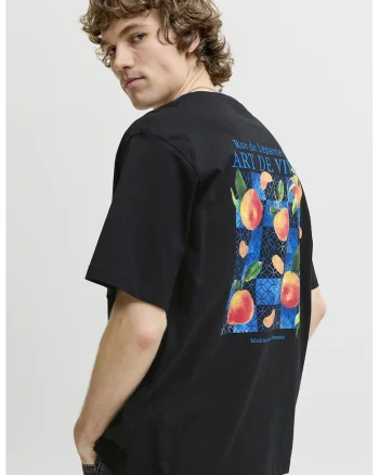 Tricou din bumbac cu imprimeu pe partea din spate, Negru/Piersica