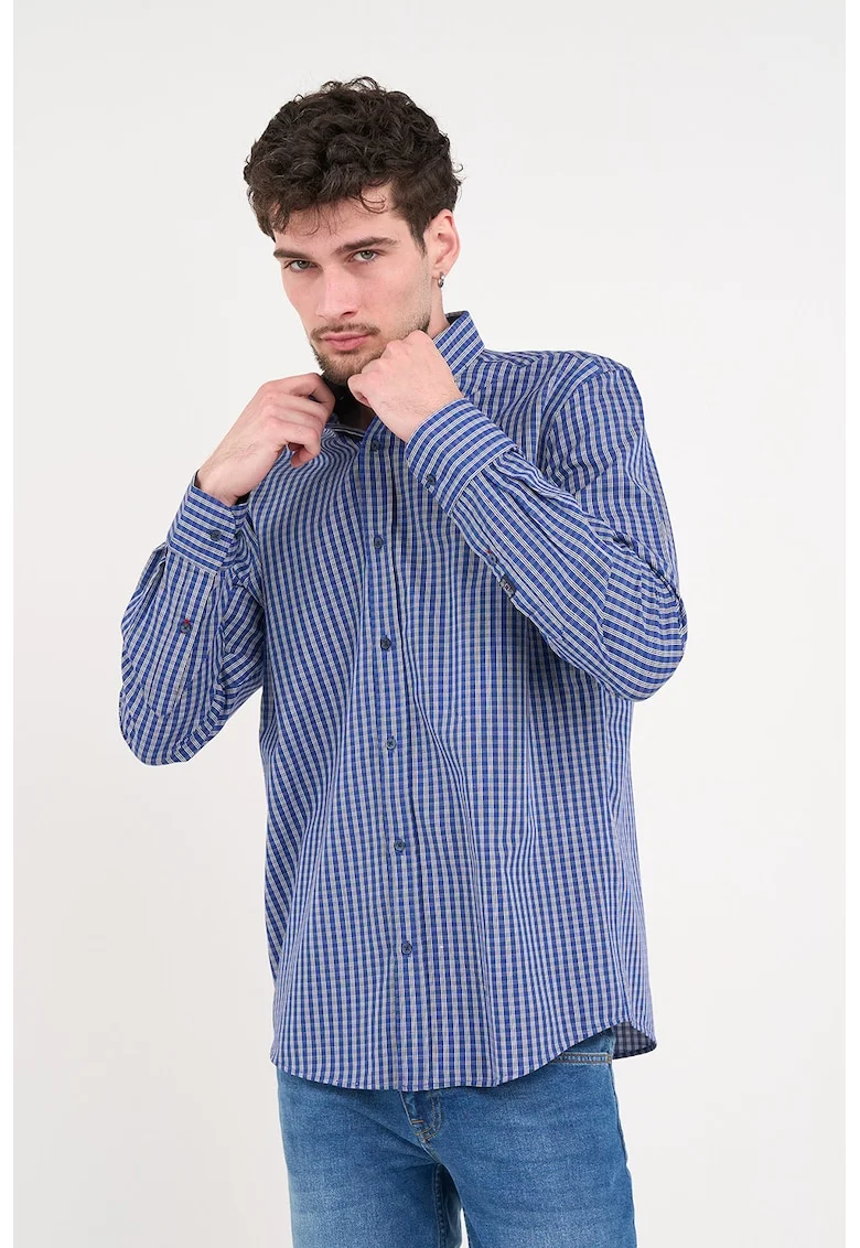 Camasa cu model in carouri si guler fixat cu nasturi, Alb/Bleumarin