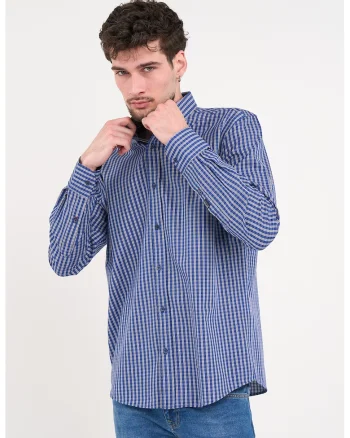 Camasa cu model in carouri si guler fixat cu nasturi, Alb/Bleumarin