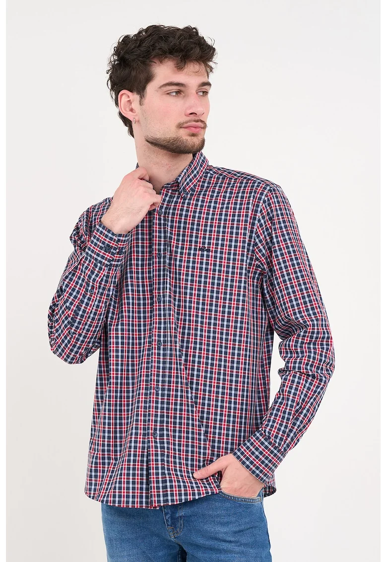 Camasa din bumbac cu model in carouri si guler fixat cu nasturi, Rosu/Bleumarin
