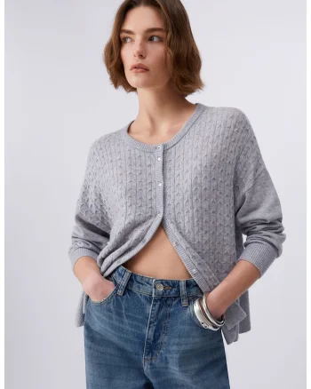 Cardigan din amestec de lana cu model torsade, Gri melange