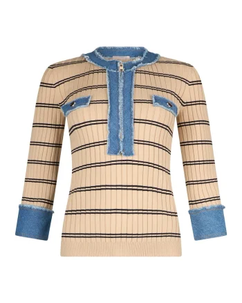 Pulover cu model in dungi si insertii din denim, Bej/Albastru