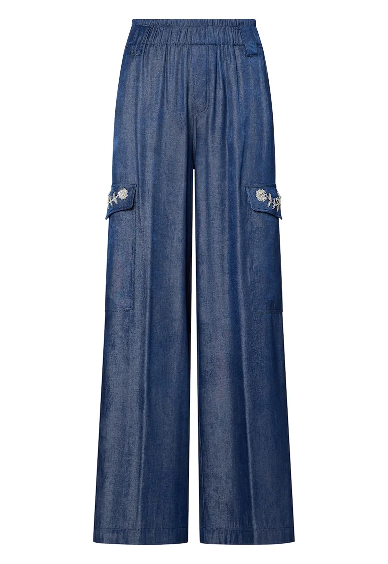 Blugi cu croiala ampla si detaliu cu bijuterie, Albastru denim