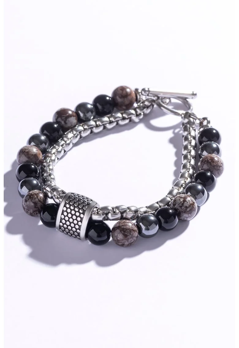 Bratara cu siraguri duble si decorata cu obsidian si hematite, Negru/Maro/Gri