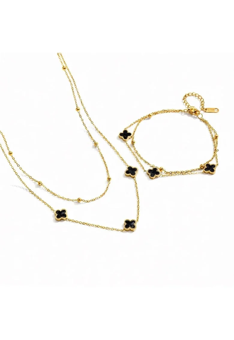 Set colier și brățară,  auriu, inox suflat cu aur 18k, negru, 40x5cm și 16x5cm