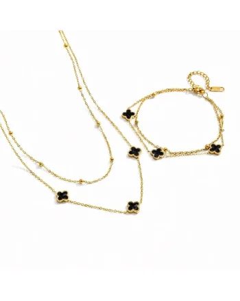 Set colier și brățară,  auriu, inox suflat cu aur 18k, negru, 40x5cm și 16x5cm
