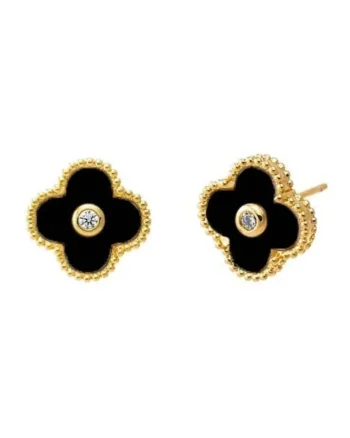 Cercei aurii, din otel inoxidabil, suflati cu aur 18k, forma de trifoi, cu zirconii, Astoria C3