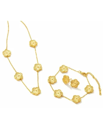 Set colier, cercei si bratara auriu, din otel inoxidabil, suflat cu aur 18k, cu trifoi, Olyssa C2