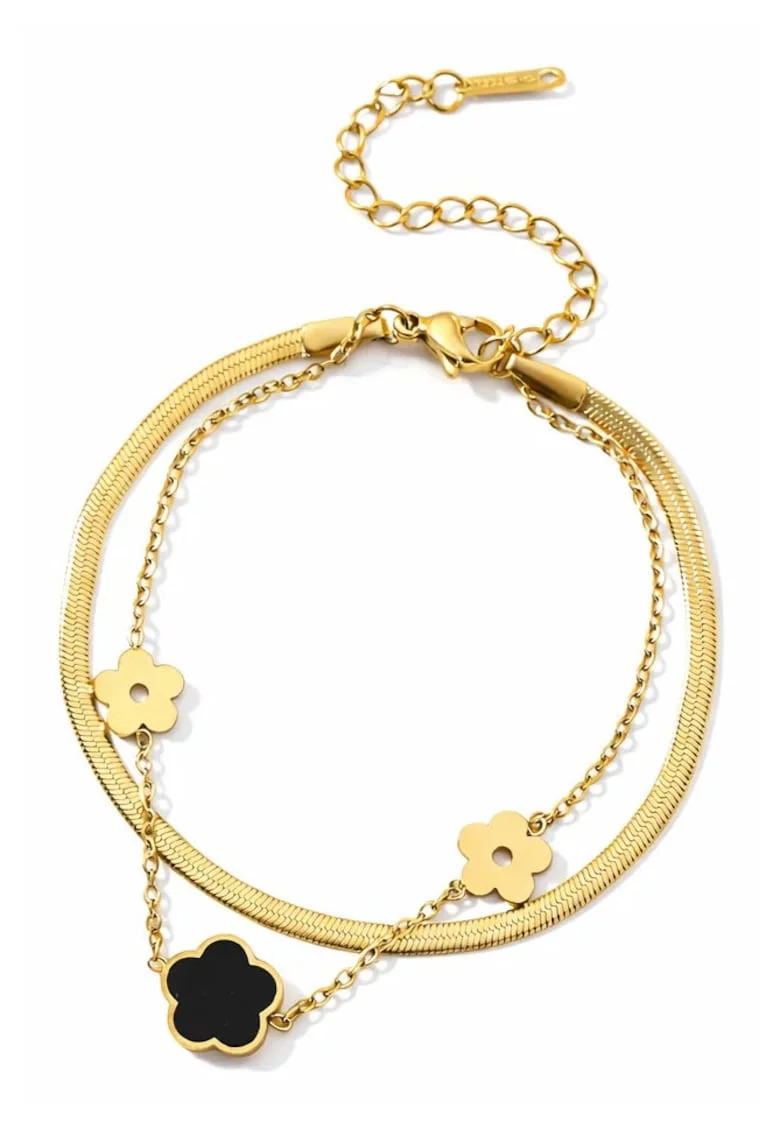 Bratara din otel inoxidabil suflata cu aur 18k, cu trifoi,  16 cm + 5 cm lantisor reglabil, aurie
