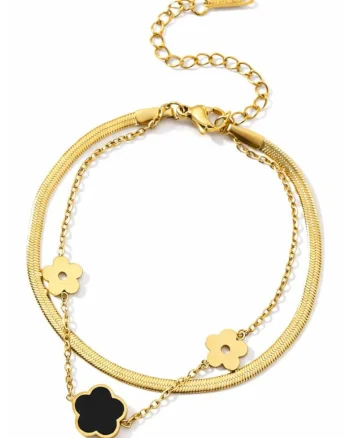 Bratara din otel inoxidabil suflata cu aur 18k, cu trifoi,  16 cm + 5 cm lantisor reglabil, aurie