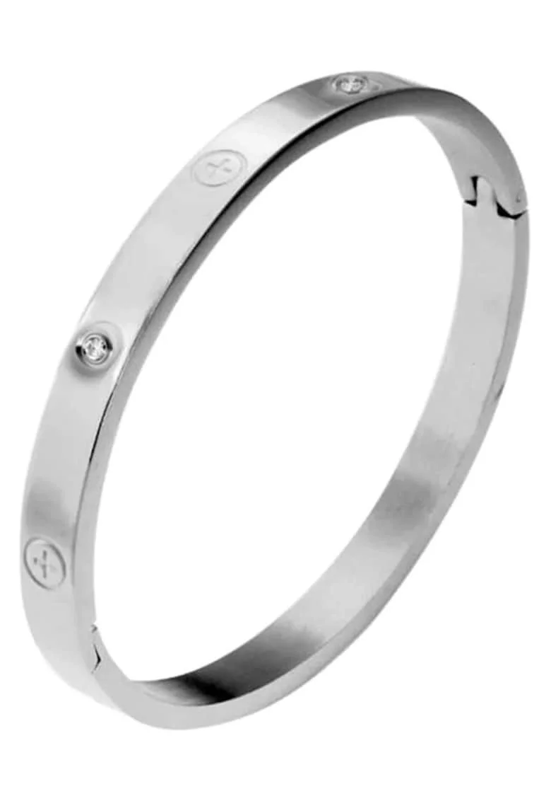 Brățară bangle,  inox suflat cu aur 18k, zirconii, argintie, 6 cm diametru