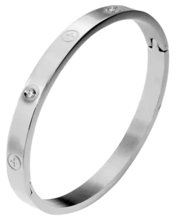 Brățară bangle,  inox suflat cu aur 18k, zirconii, argintie, 6 cm diametru