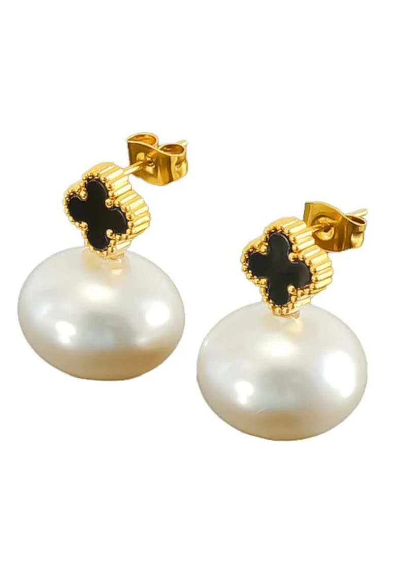 Cercei aurii  trifoi cu perle, otel inoxidabil suflat cu aur 18k, 2.2x1.6cm