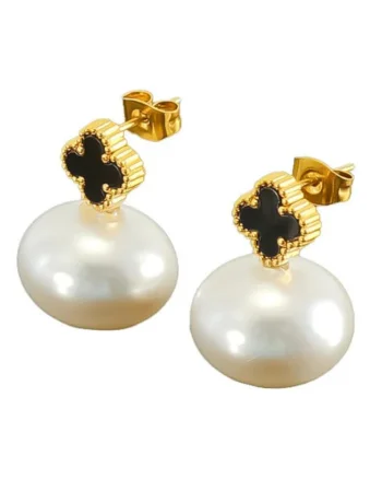 Cercei aurii  trifoi cu perle, otel inoxidabil suflat cu aur 18k, 2.2x1.6cm