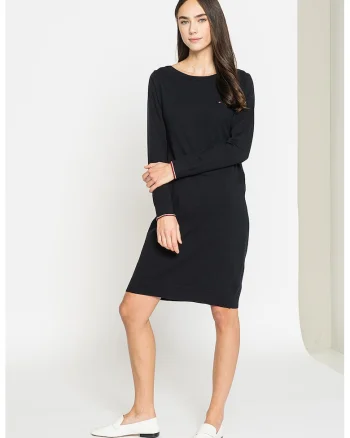 Rochie tip pulover din bumbac organic cu broderie logo discreta, Negru