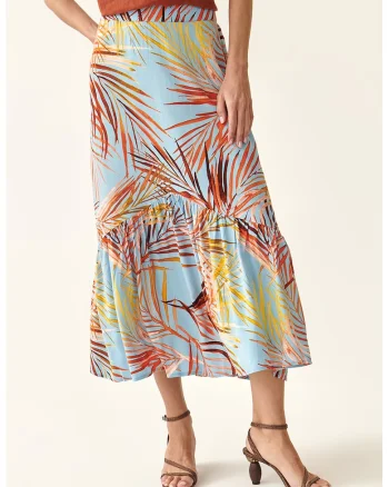 Fusta midi cu imprimeu tropical, Multicolor