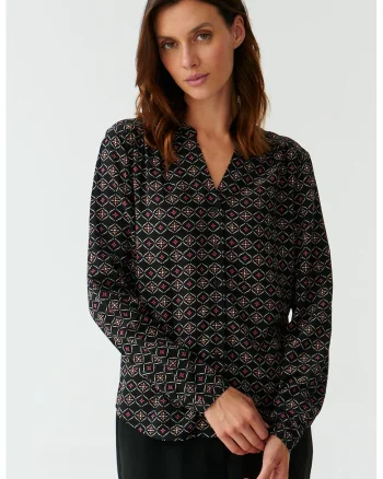 Camasa cu model grafic si decolteu in V, Negru/Violet