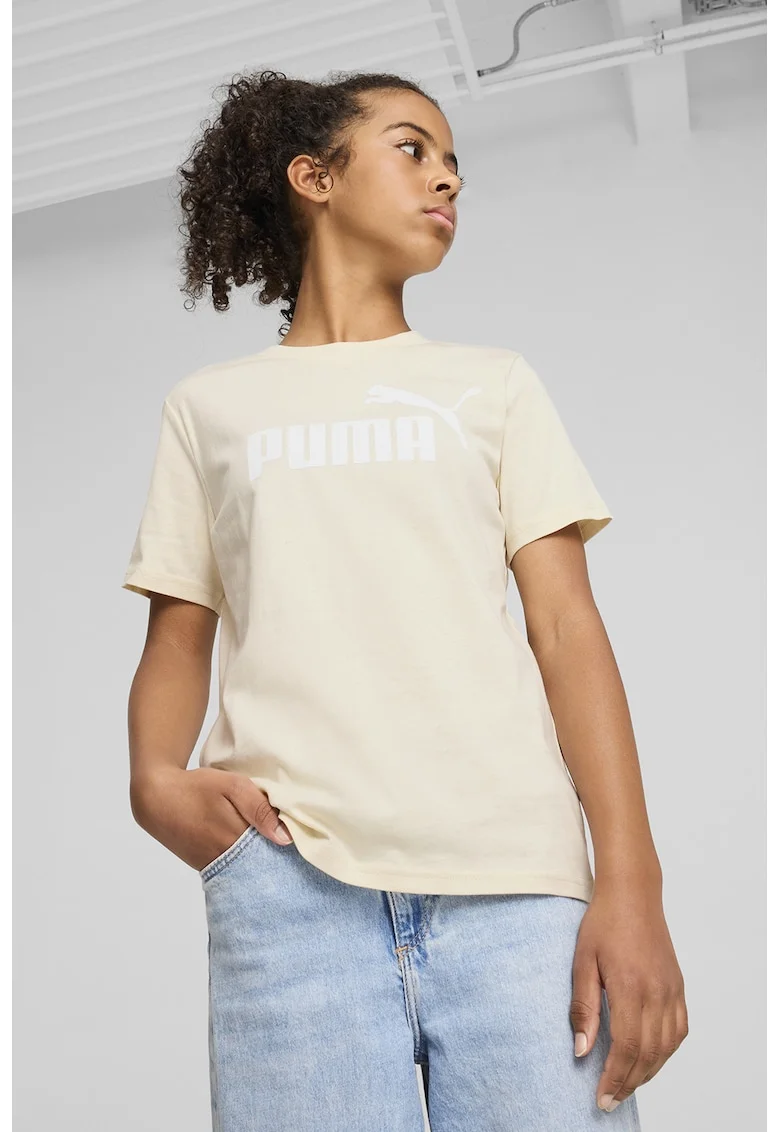 Tricou cu decolteu la baza gatului si imprimeu logo, Alb/Crem