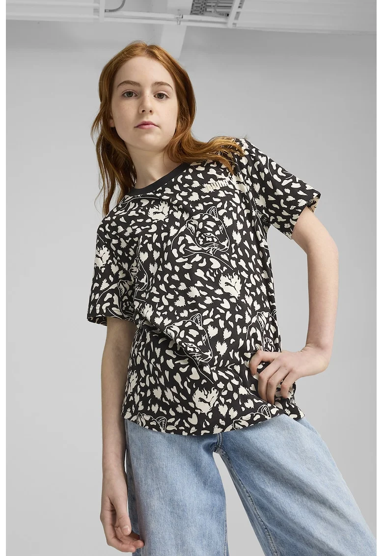 Tricou cu decolteu la baza gatului si imprimeu grafic, Negru/Crem