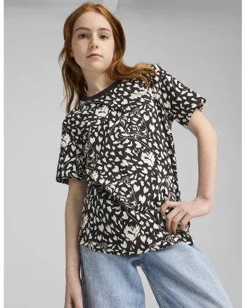 Tricou cu decolteu la baza gatului si imprimeu grafic, Negru/Crem