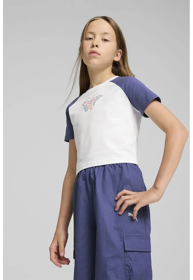 Tricou crop cu model grafic, Alb/Albastru prafuit