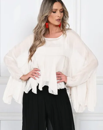 Bluza din matase naturala si vascoza cu volane tip cascada, croi lejer, alba