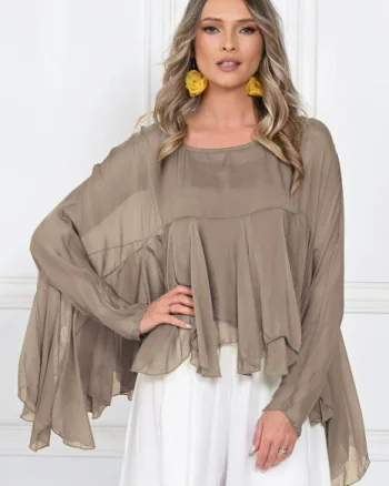 Bluza din matase naturala si vascoza cu volane tip cascada, croi lejer, bej inchis