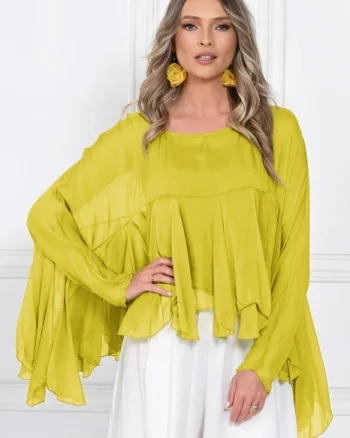 Bluza din matase naturala si vascoza cu volane tip cascada, croi lejer, verde lime
