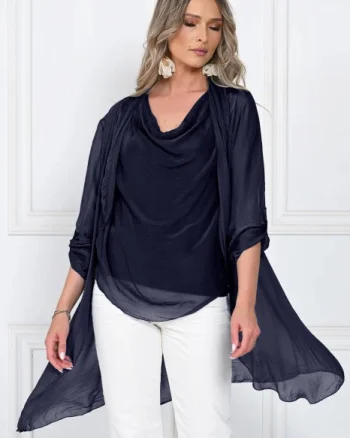 Blazer dama midi din matase tip kimono, croi fluid pentru layering, bleumarin
