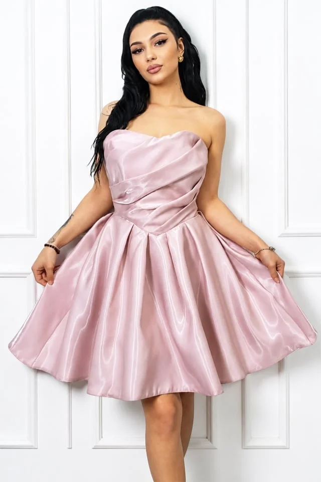 Rochie scurta babydoll Zafira, croiala de ocazie cu reflexii lucioase, Roz pudrat