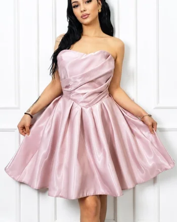 Rochie scurta babydoll Zafira, croiala de ocazie cu reflexii lucioase, Roz pudrat