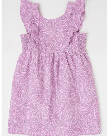 Rochie din amestec de in cu model si volane, Alb/Lila pal