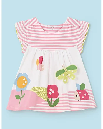 Rochie in dungi cu detalii brodate, Alb/Verde/Roz