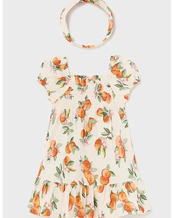 Set de rochie cu imprimeu si bentita, Alb fildes/Portocaliu/Verde feriga