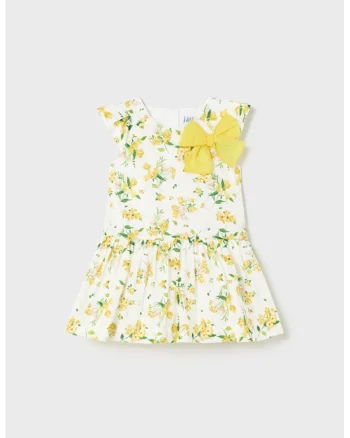 Rochie evazata cu model floral si aplicati funda, Alb/Galben