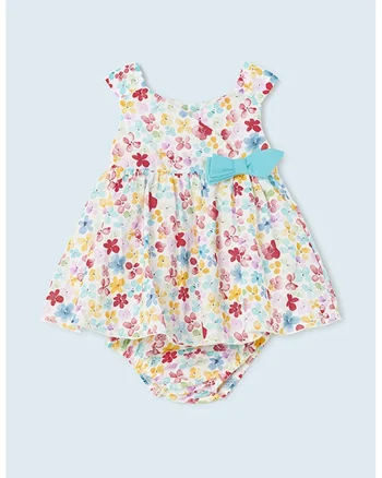 Rochie cu model floral si funda, Alb/Turcoaz/Roz