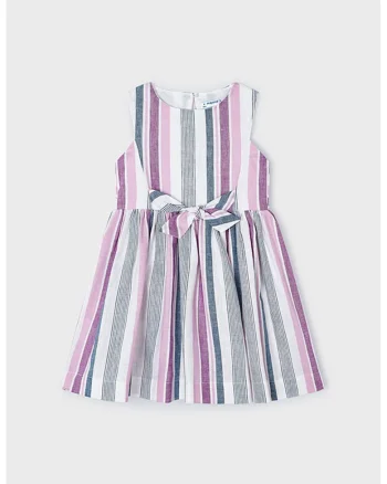 Rochie din amestec de in si lyocell cu panglica pe parte din spate si model in dungi, Gri deschis/Lila