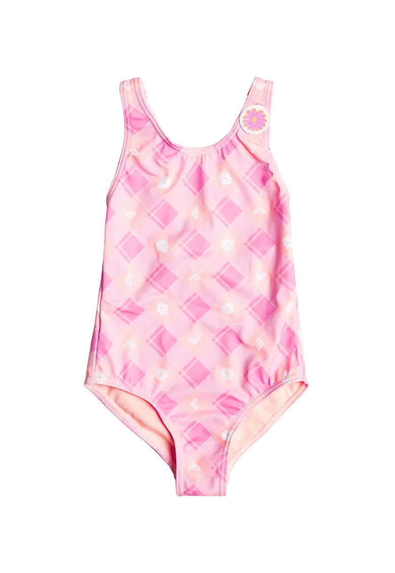 Costum de baie intreg, cu imprimeu Flower Plaid, Roz deschis