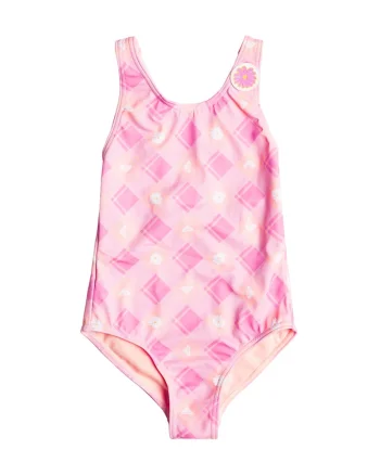 Costum de baie intreg, cu imprimeu Flower Plaid, Roz deschis