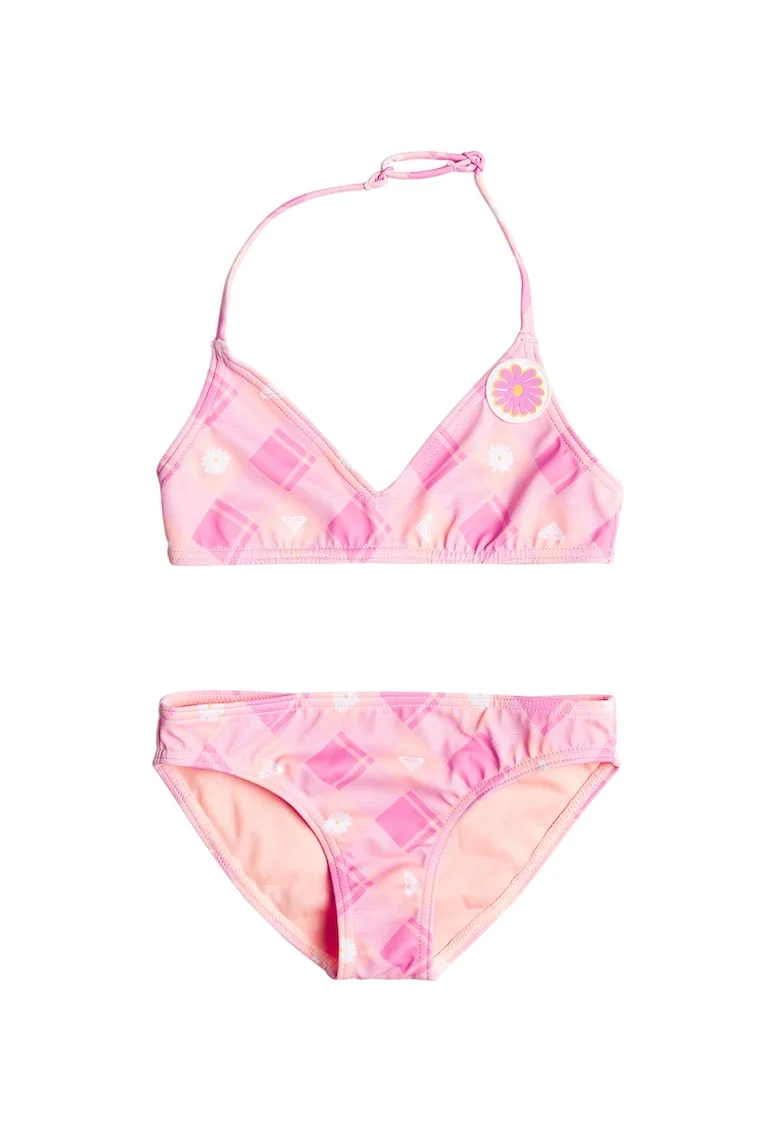 Costum de bai in doua piese, cu imprimeu Flower Plaid, Roz deschis