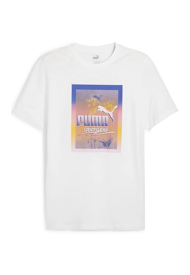 Tricou cu decolteu la baza gatului si imprimeu logo, Alb/Portocaliu/Albastru