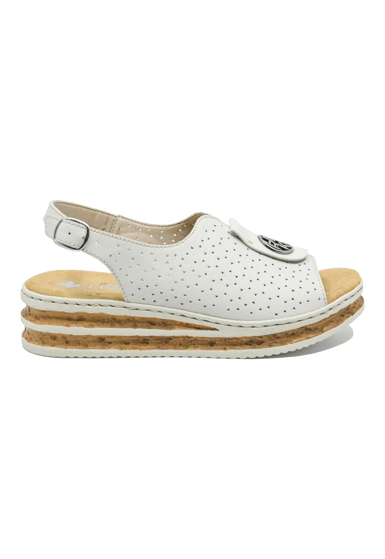 Sandale dama  wedge, albe, cu logo medalion decorativ RIK62902-80, Alb