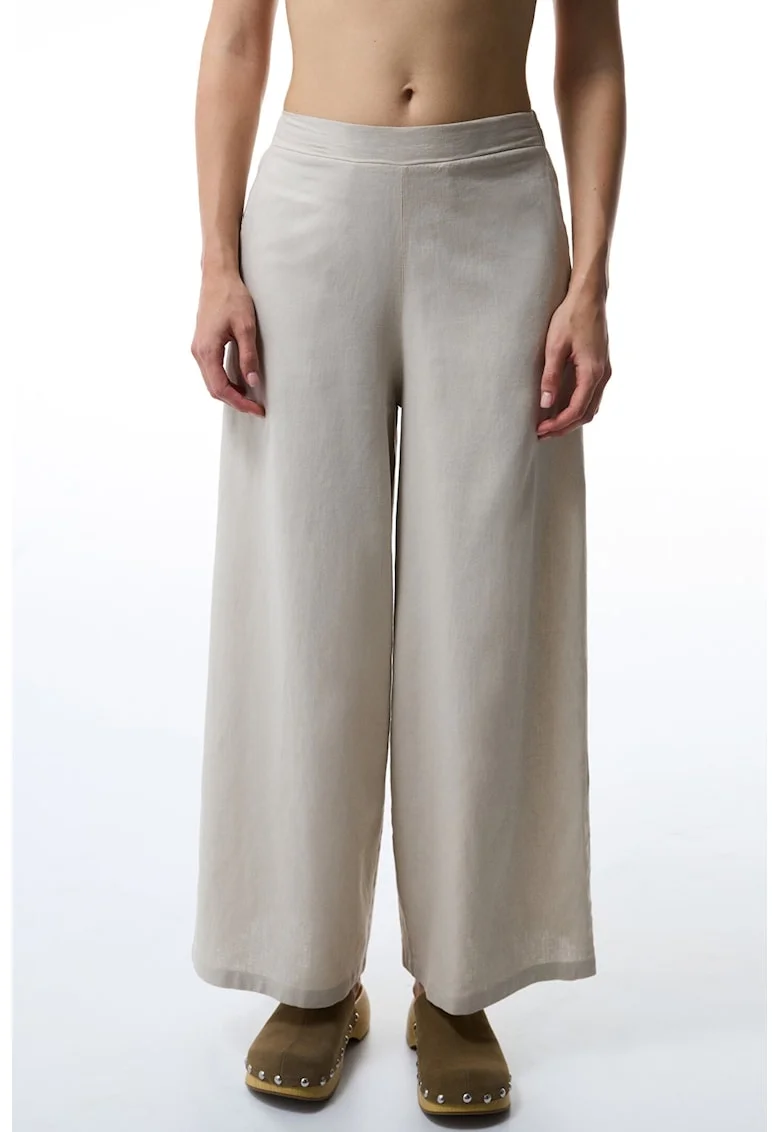 Pantaloni din amestec de in cu talie medie, Maro taupe deschis