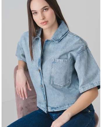Camasa din denim cu maneci cazute, Albastru melange