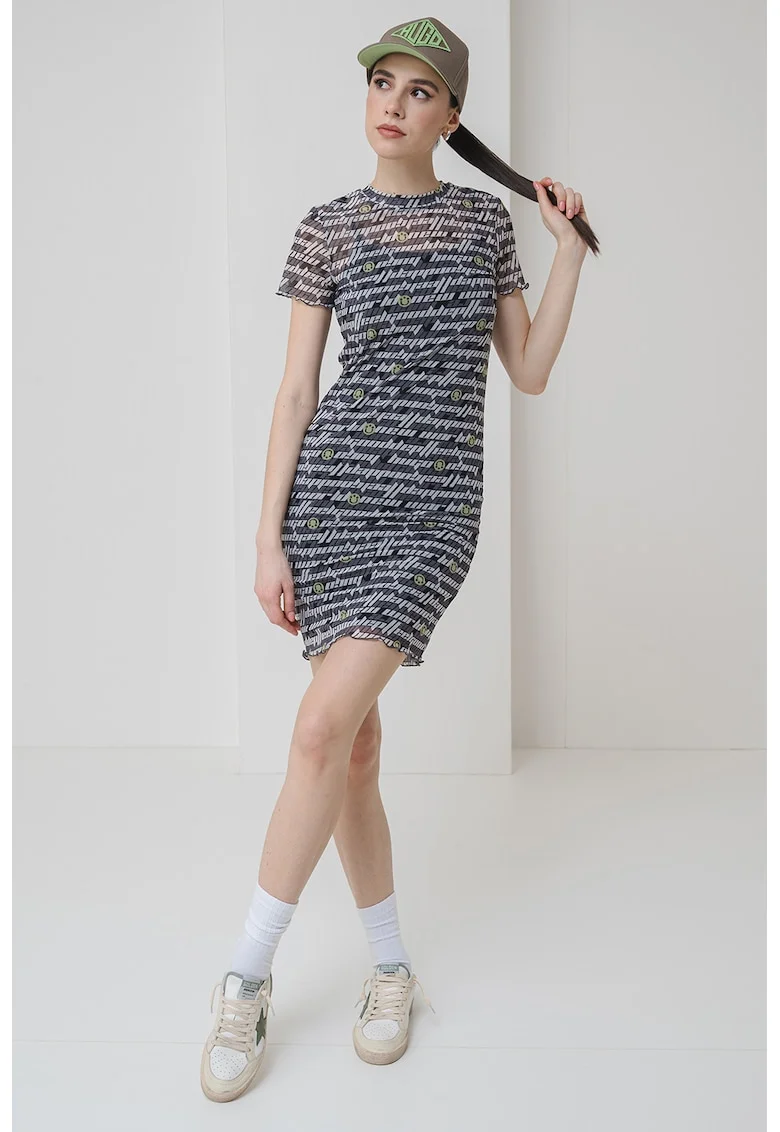 Rochie cu maneci scurte si imprimeu Nastaja, Negru/Gri/Verde fistic