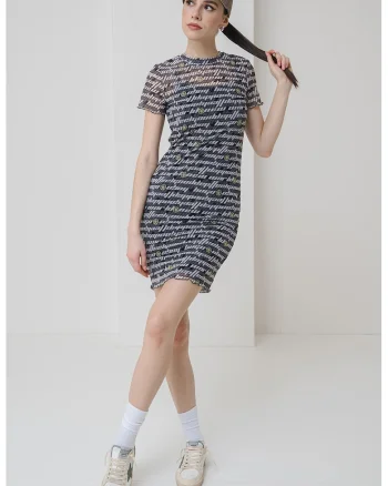 Rochie cu maneci scurte si imprimeu Nastaja, Negru/Gri/Verde fistic