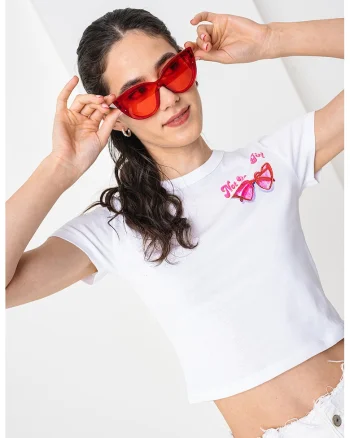 Tricou crop cu imprimeu logo, Alb optic
